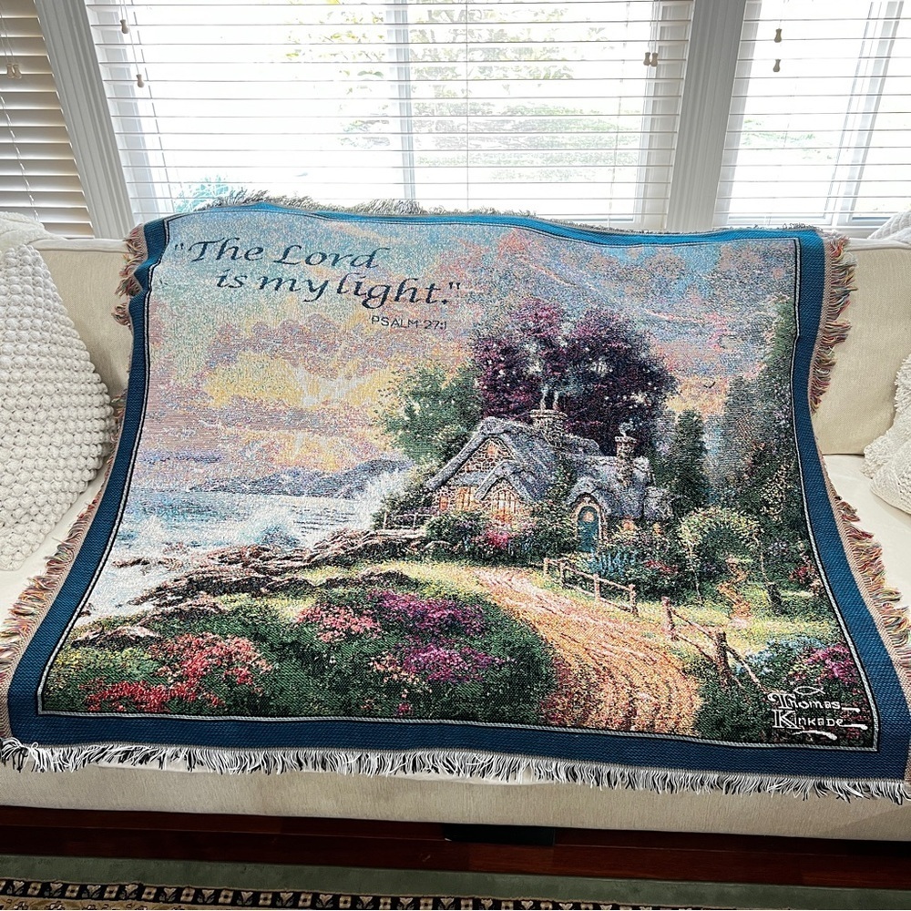 Thomas Kinkade "The Lord is My Light" Coastal Cottage Tapestry Blanket Multi